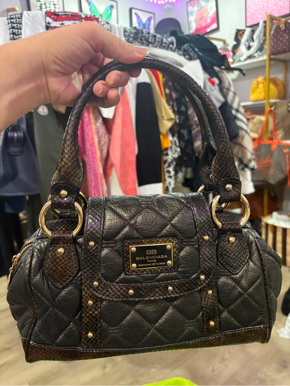 Balenciaga Black Quilted Leather Satchel with Gold Hardware